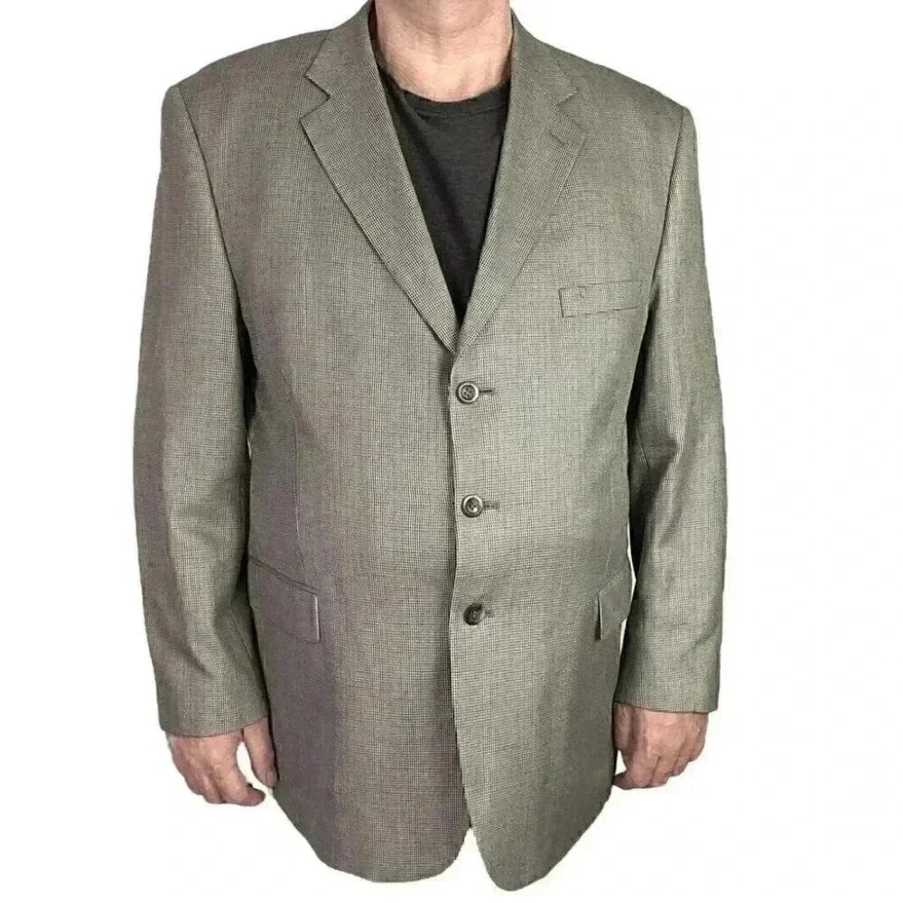 Stafford Blazer Jacket Men 48R Beige Black Check Silk Wool Classic Sport Coat